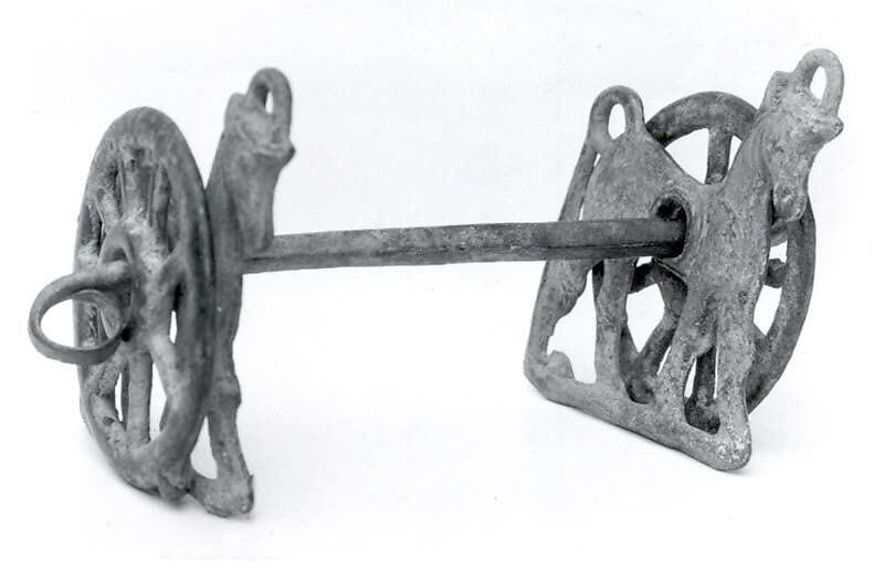 Horse bit with cheekpieces in form of a horse and wheel, Bronze (?), Iran 