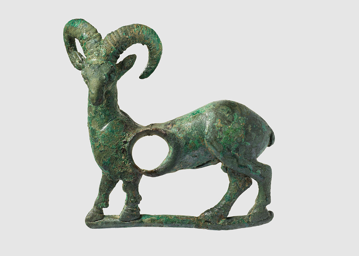 Horse bit cheekpiece in form of a mouflon, Bronze, Iran 