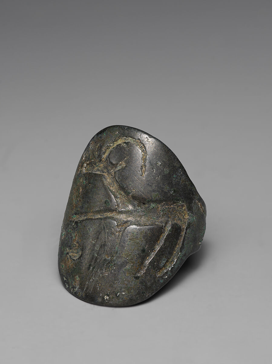 Seal ring and modern impression: horned animal, Bronze