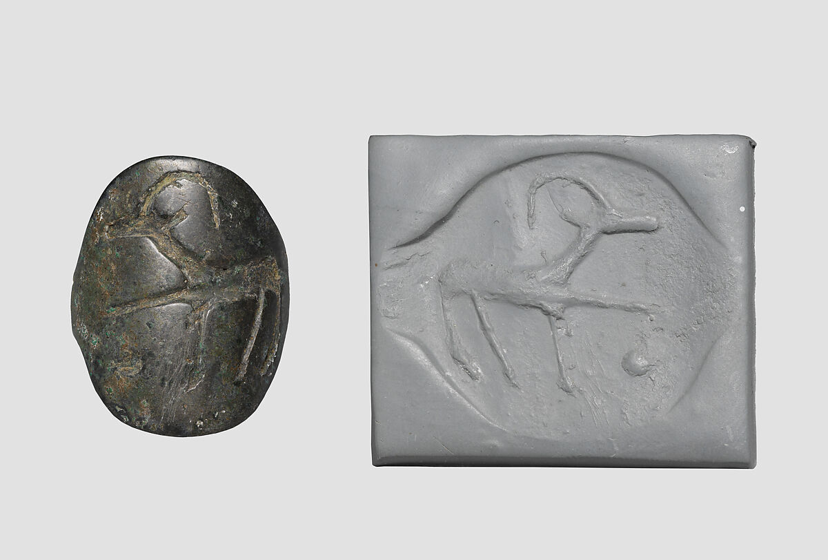 Seal ring and modern impression: horned animal, Bronze 