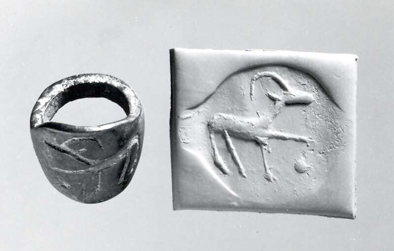 Seal ring and modern impression: horned animal, Bronze 