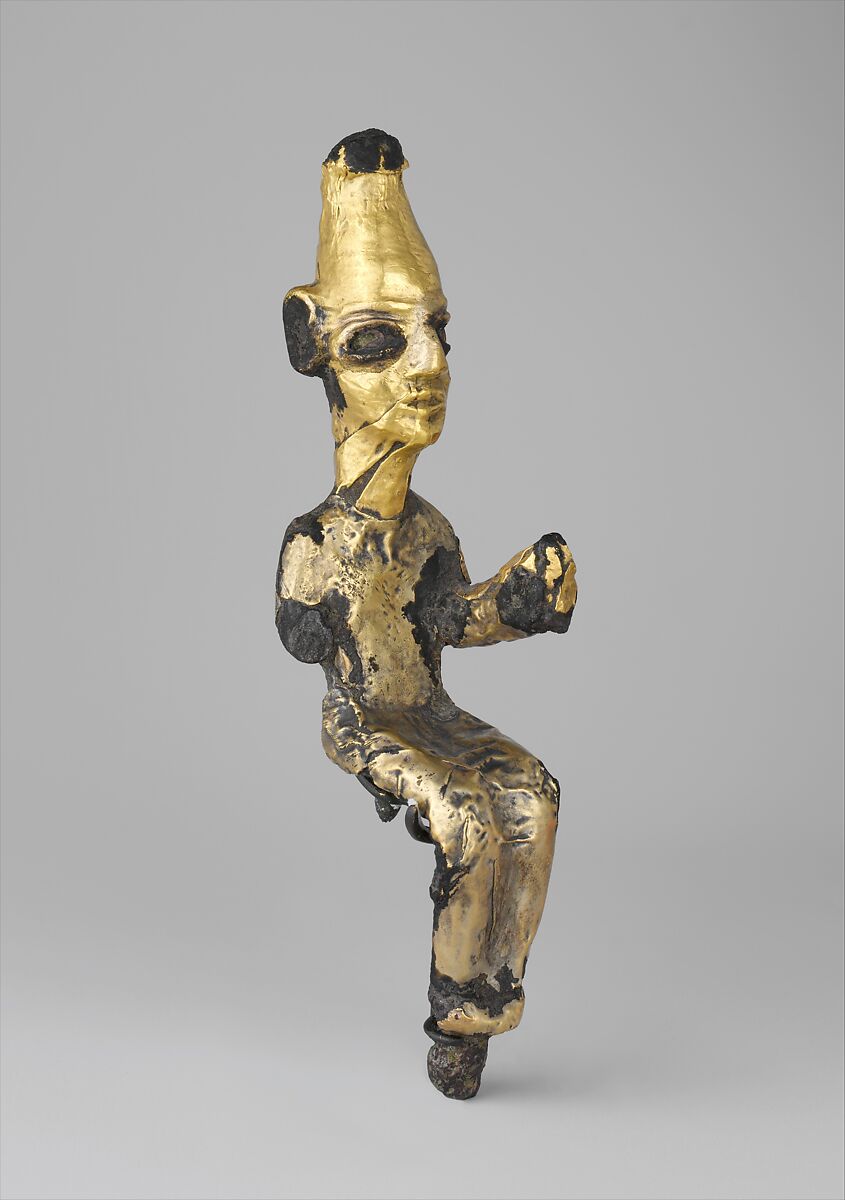 Enthroned deity, Bronze, gold foil, Canaanite 