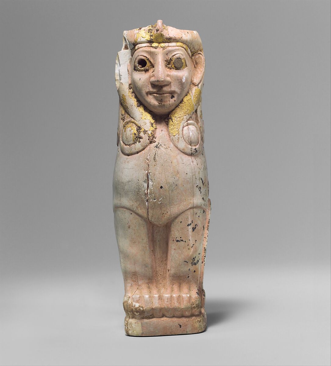 Furniture support: female sphinx with Hathor-style curls, Ivory (Hippopotamus), gold foil, Old Assyrian Trading Colony