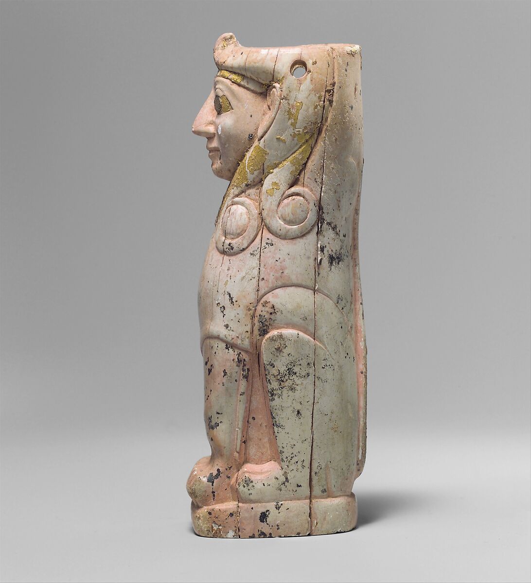 Furniture support: female sphinx with Hathor-style curls, Ivory (Hippopotamus), gold foil, Old Assyrian Trading Colony