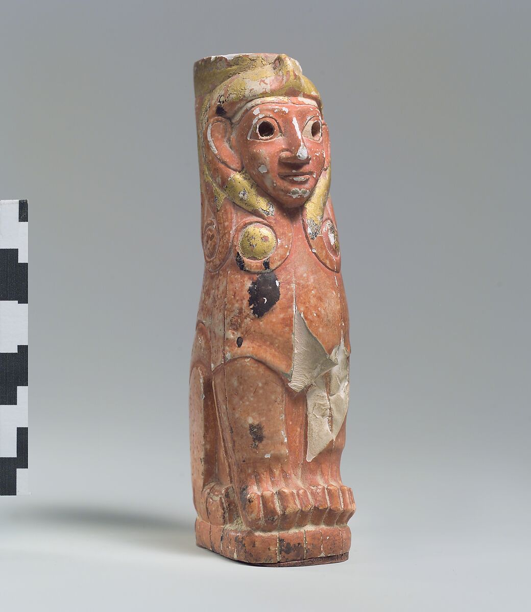Furniture support: female sphinx with Hathor-style curls, Ivory (hippopotamus), gold foil, Old Assyrian Trading Colony