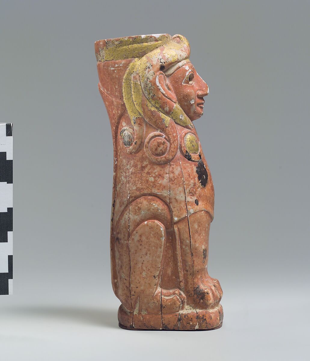 Furniture support: female sphinx with Hathor-style curls, Ivory (hippopotamus), gold foil, Old Assyrian Trading Colony