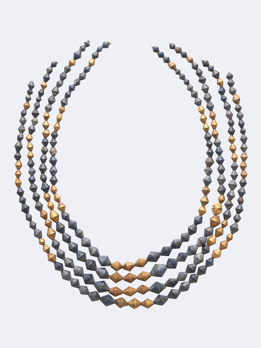Necklace beads, Gold, lapis lazuli, Sumerian 
