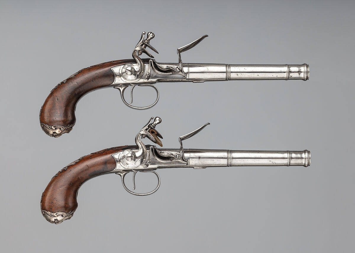 Pair of Flintlock Turn-Off Pistols, Daniel Moore (British, recorded 1758–ca. 1800), Steel, wood (walnut), silver, British, London 