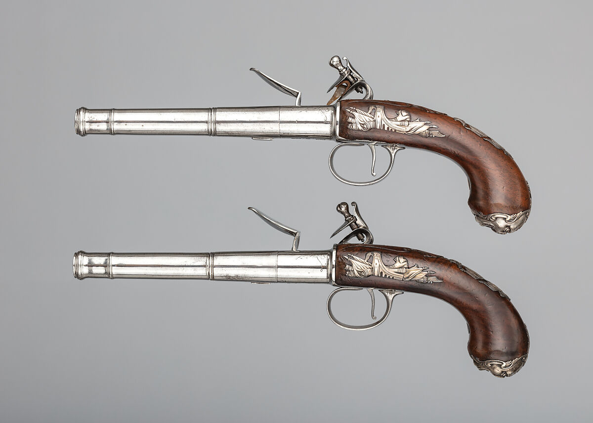 Pair of Flintlock Turn-Off Pistols, Daniel Moore (British, recorded 1758–ca. 1800), Steel, wood (walnut), silver, British, London