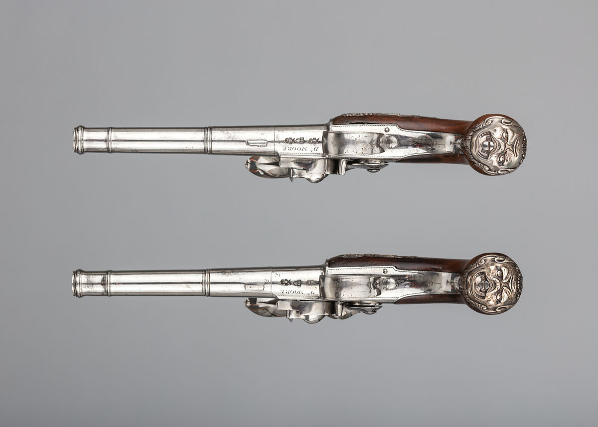 Pair of Flintlock Turn-Off Pistols, Daniel Moore (British, recorded 1758–ca. 1800), Steel, wood (walnut), silver, British, London