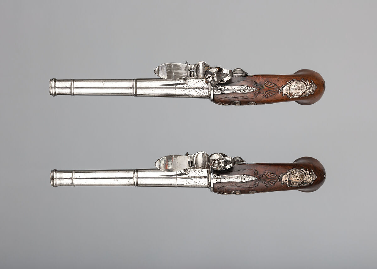 Pair of Flintlock Turn-Off Pistols, Daniel Moore (British, recorded 1758–ca. 1800), Steel, wood (walnut), silver, British, London