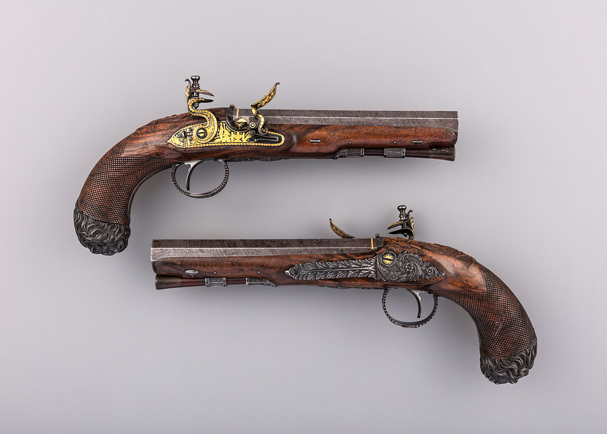 Pair of Flintlock Pistols, John Manton &amp; Son (British, London 1815–1878), Steel, wood (walnut, rosewood), gold, horn, British, London 