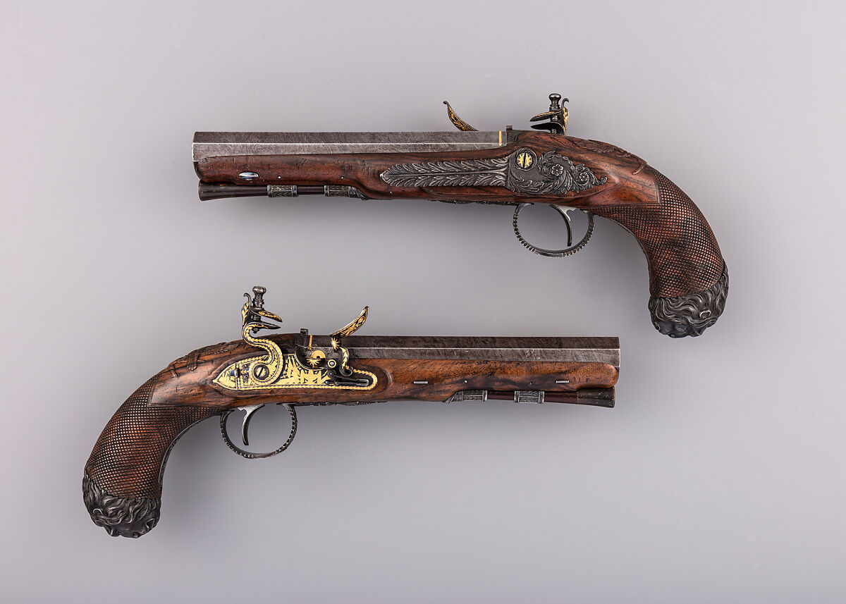Pair of Flintlock Pistols, John Manton &amp; Son (British, London 1815–1878), Steel, wood (walnut, rosewood), gold, horn, British, London