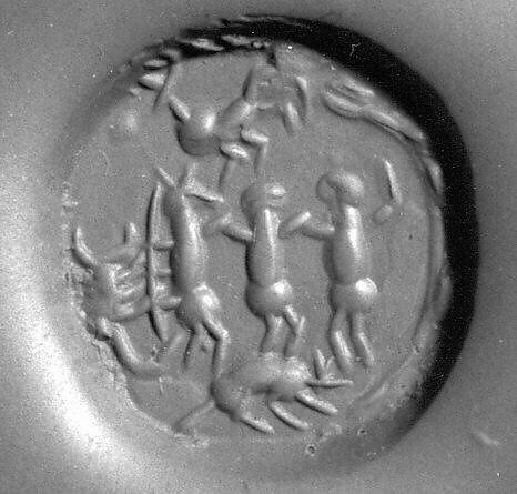 Stamp seal and modern impression: dancing figures and rearing animal, Chalcedony, yellow, Sasanian