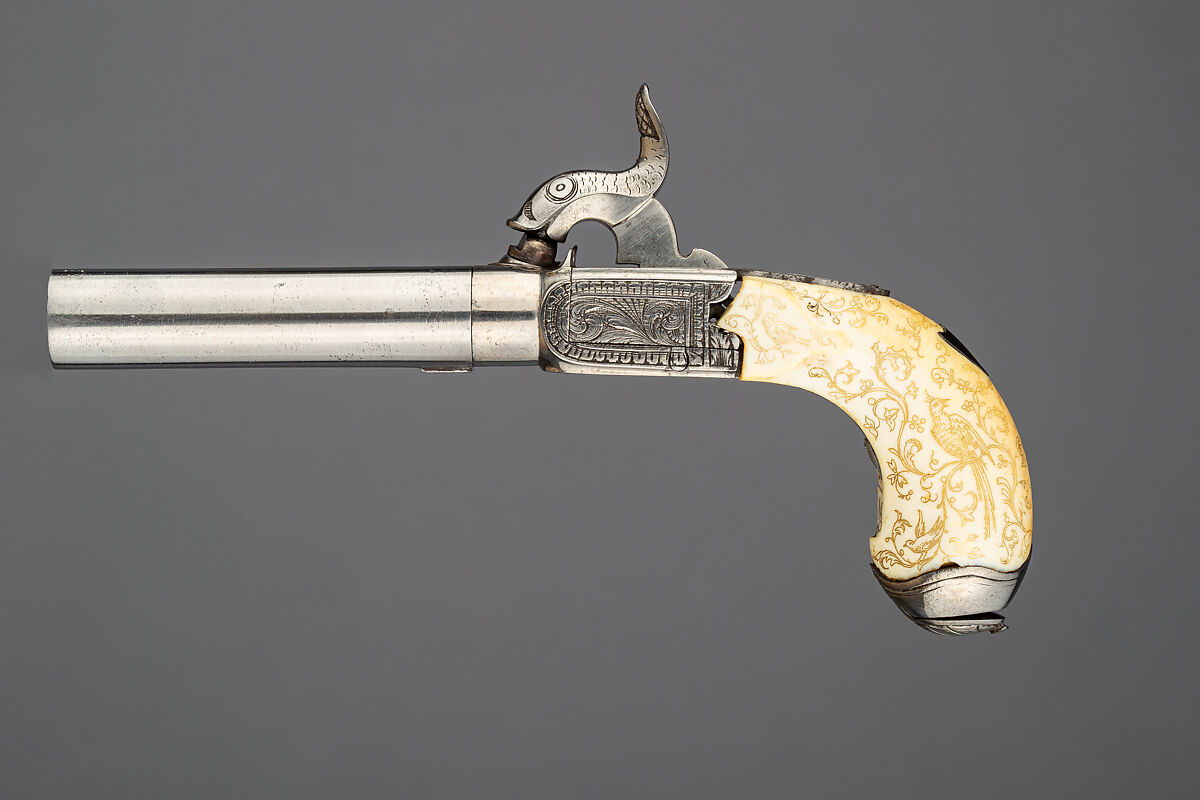 Percussion Box Lock Pocket Pistol, Ivory, steel, Belgian or French