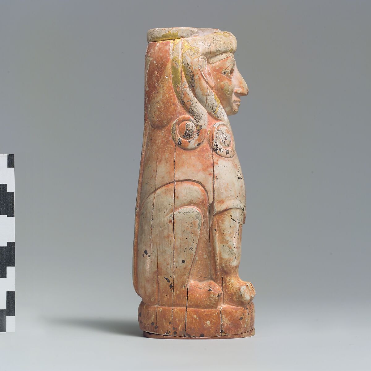 Furniture support: female sphinx with Hathor-style curls, Ivory (hippopotamus), gold foil, Old Assyrian Trading Colony