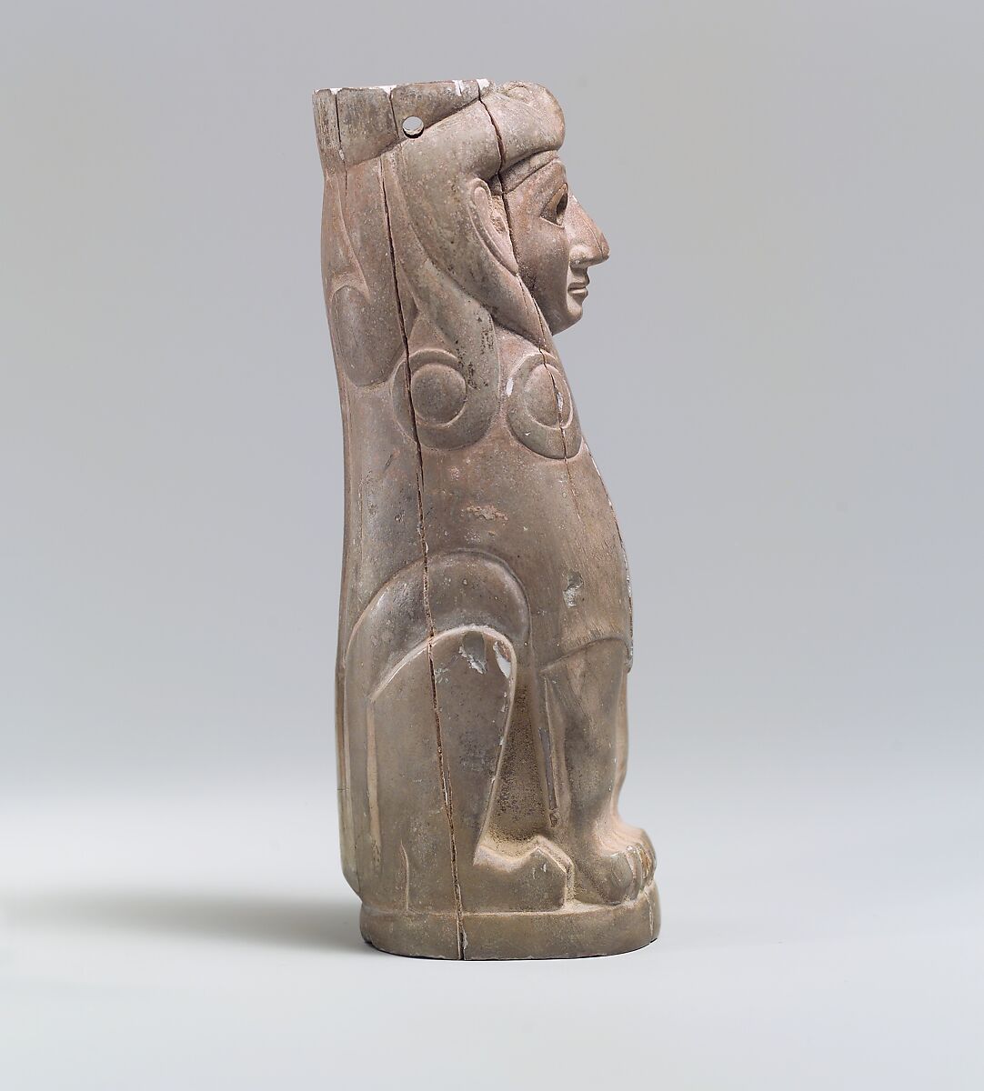 Furniture support: female sphinx with Hathor-style curls, Ivory (hippopotamus), gold foil, Old Assyrian Trading Colony