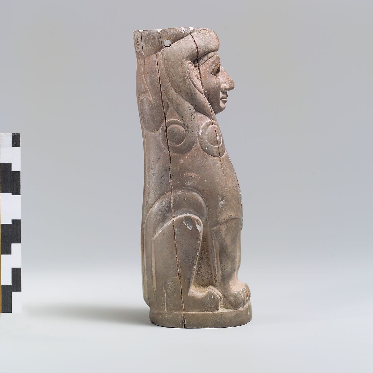 Furniture support: female sphinx with Hathor-style curls, Ivory (hippopotamus), gold foil, Old Assyrian Trading Colony