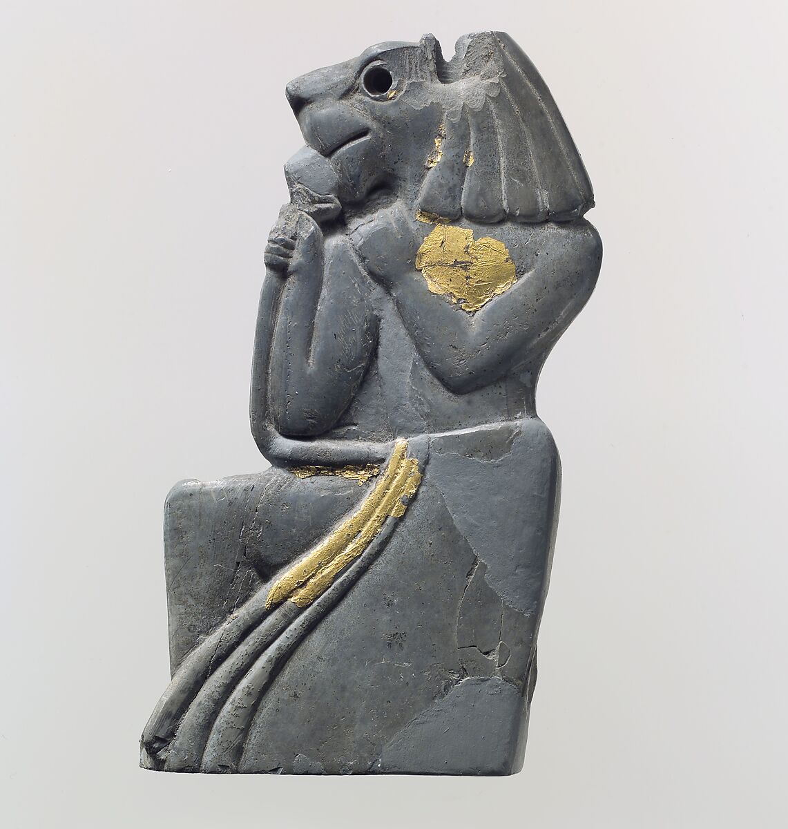 Plaque fragment: kneeling lion-headed figure, Ivory (hippopotamus), gold foil, Old Assyrian Trading Colony 