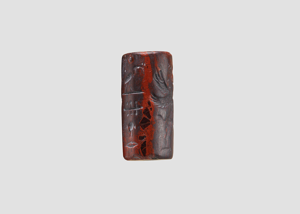 Cylinder seal and modern impression: king holding two lion griffins at bay, Jasper, hematite, Achaemenid