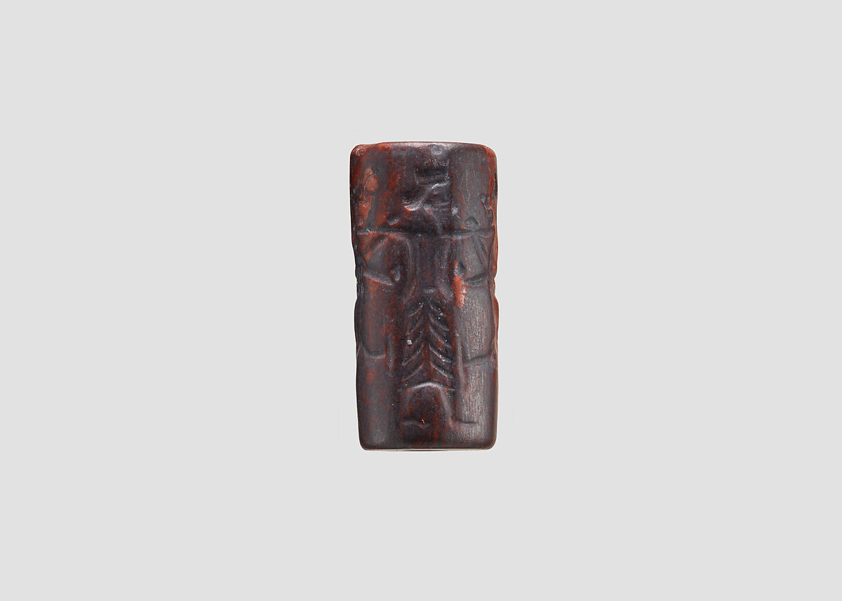 Cylinder seal and modern impression: king holding two lion griffins at bay, Jasper, hematite, Achaemenid