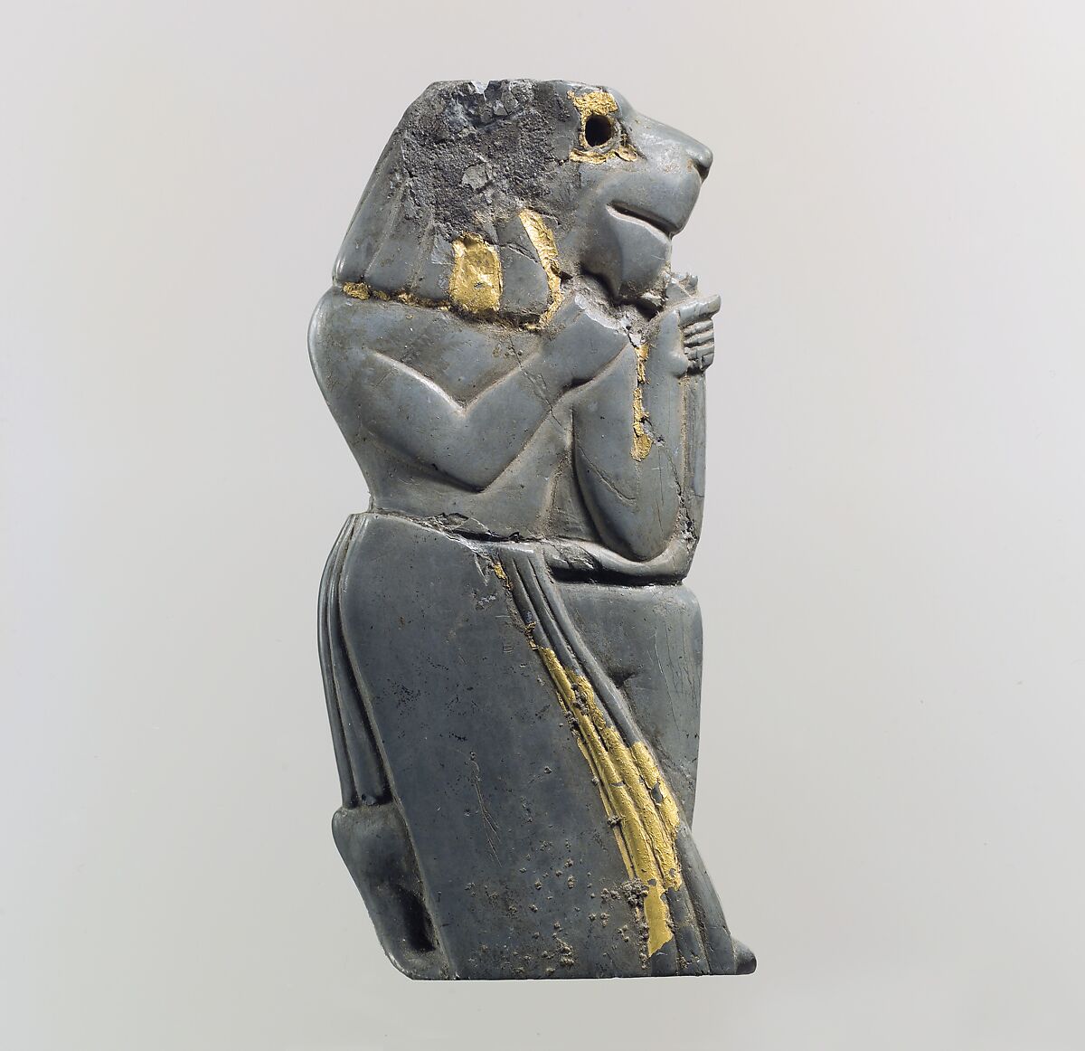 Plaque fragment: kneeling lion-headed figure, Ivory (hippopotamus), gold foil, Old Assyrian Trading Colony 