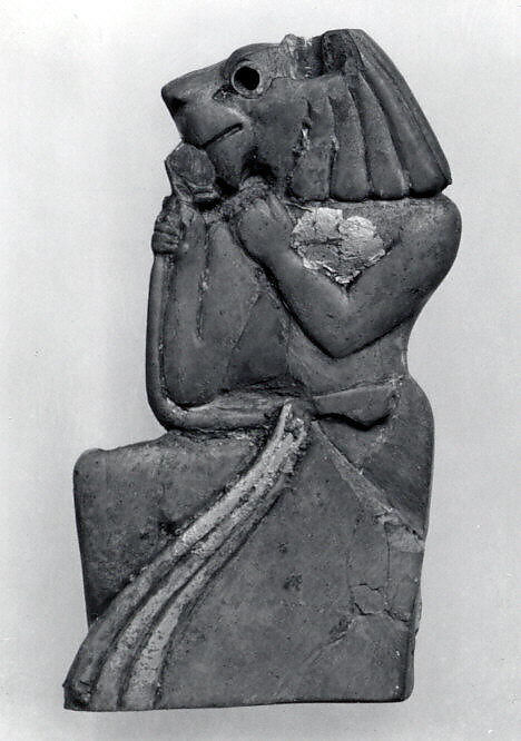 Plaque fragment: kneeling lion-headed figure, Ivory (hippopotamus), gold foil, Old Assyrian Trading Colony