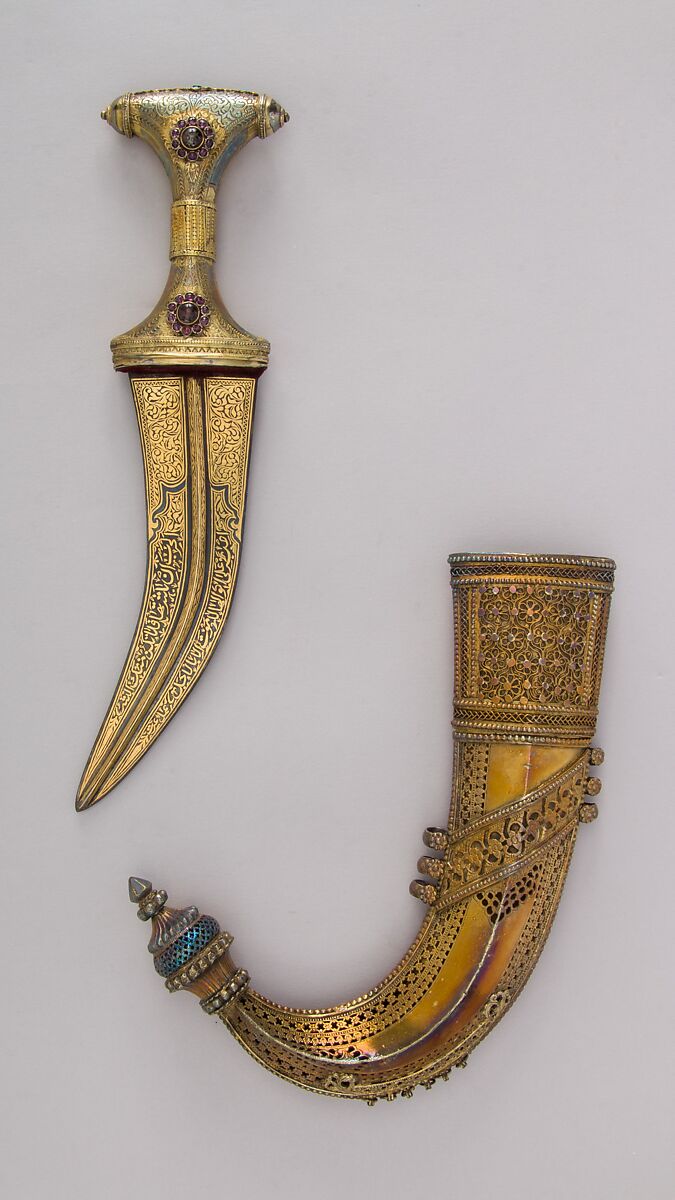 Dagger (Jambiya) with Scabbard and Fitted Storage Case, Steel, silver, wood, textile, gold, Arabian, Medina