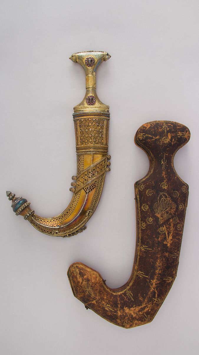 Dagger (Jambiya) with Scabbard and Fitted Storage Case, Steel, silver, wood, textile, gold, Arabian, Medina