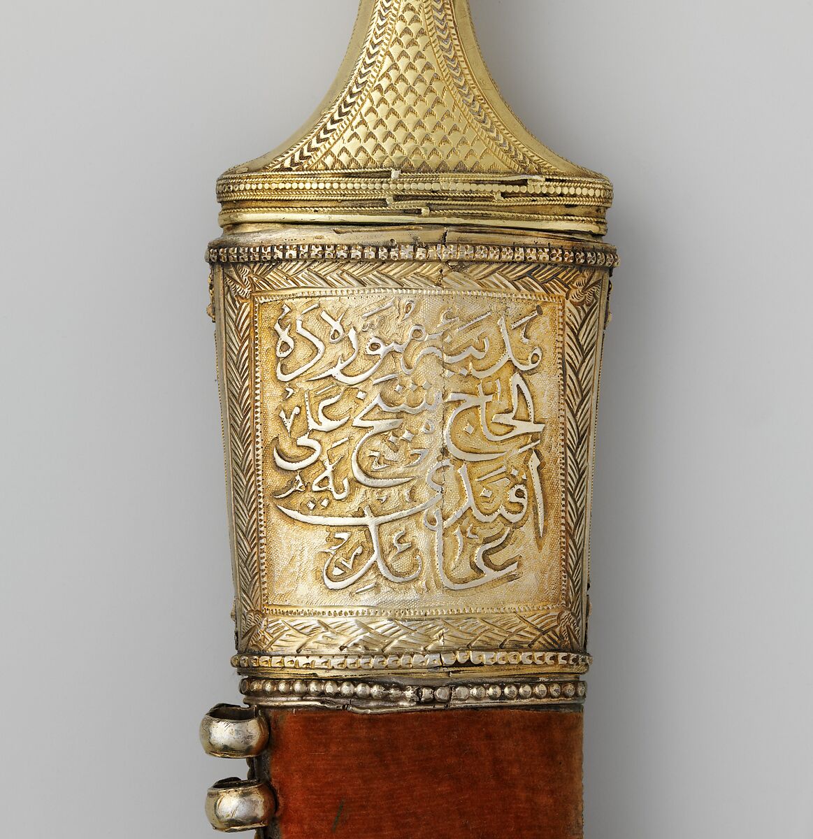 Dagger (Jambiya) with Scabbard and Fitted Storage Case, Steel, silver, wood, textile, gold, Arabian, Medina