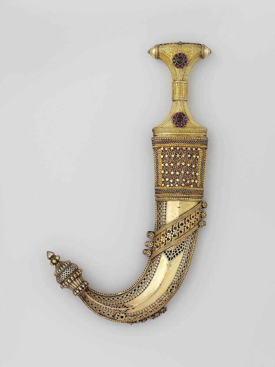 Dagger (Jambiya) with Scabbard and Fitted Storage Case, Steel, silver, wood, textile, gold, Arabian, Medina