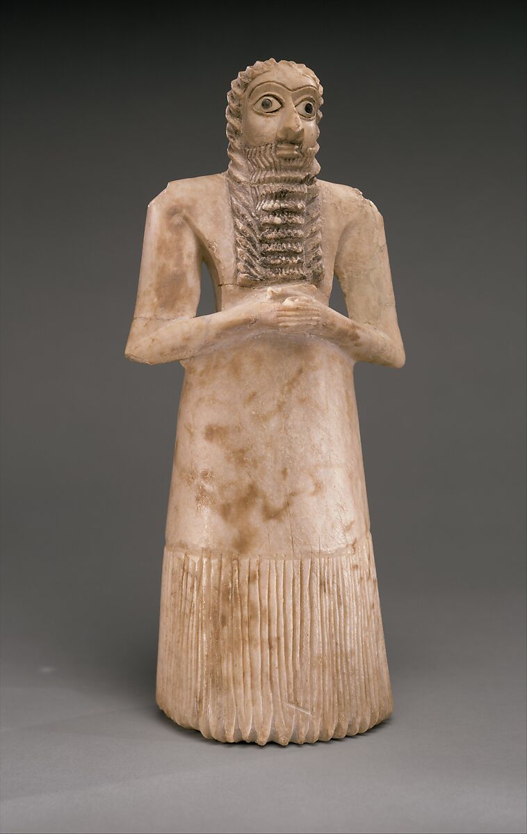 Standing male worshiper, Gypsum alabaster, shell, black limestone, bitumen, Sumerian 