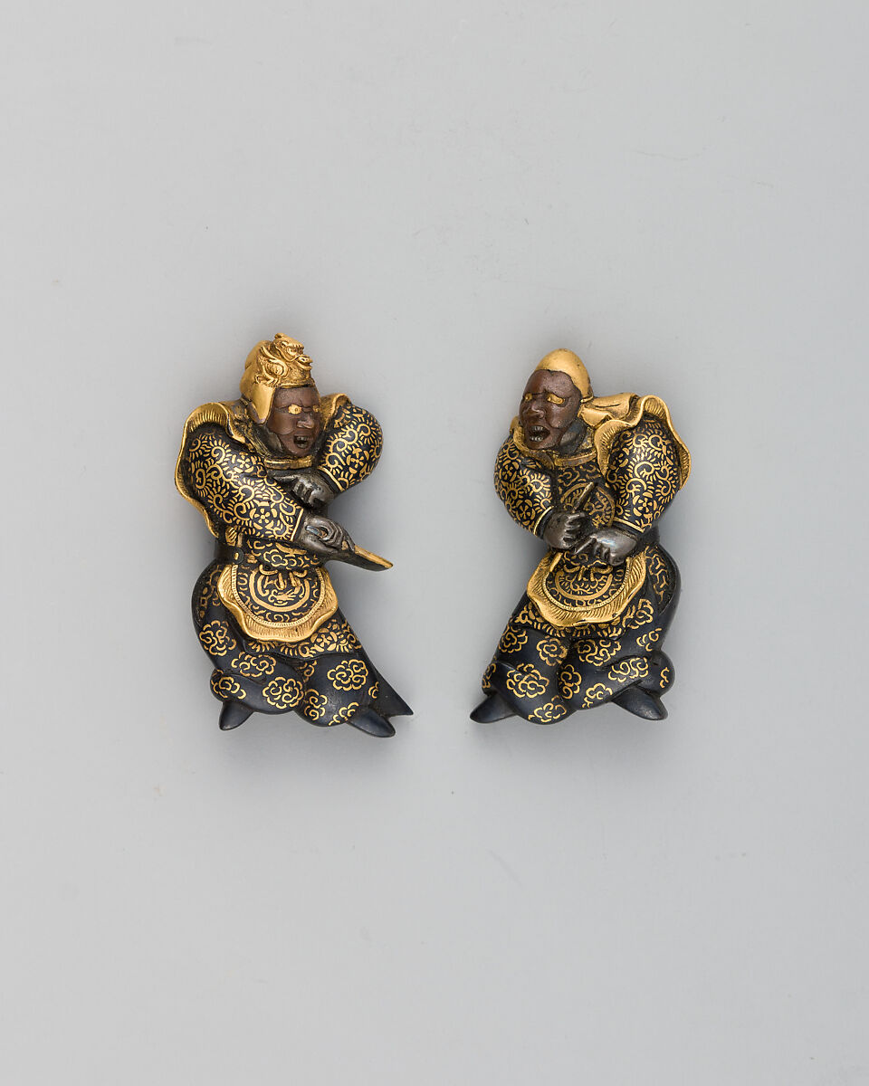 Pair of Sword-Grip Ornaments (Menuki), Copper-gold alloy (shakudō), gold, copper, Japanese 