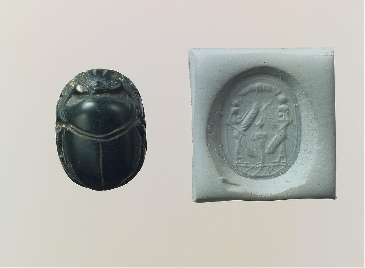 Scarab seal and modern impression: Osiris flanked by protective deities, Jasper, green 