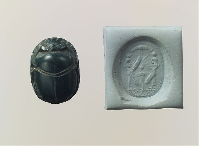 Scarab seal and modern impression: Osiris flanked by protective deities
