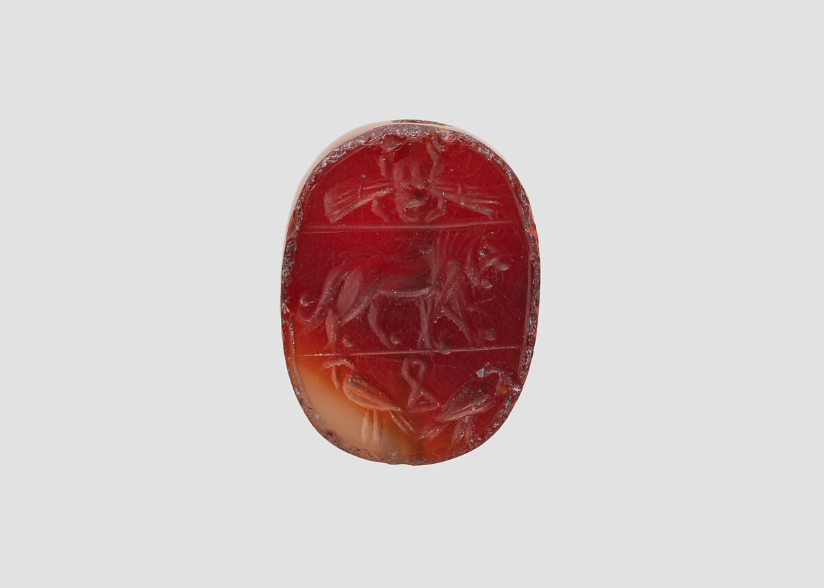 Stamp seal (scaraboid) with animals, Variegated red and neutral Carnelian (Quartz), Phoenician