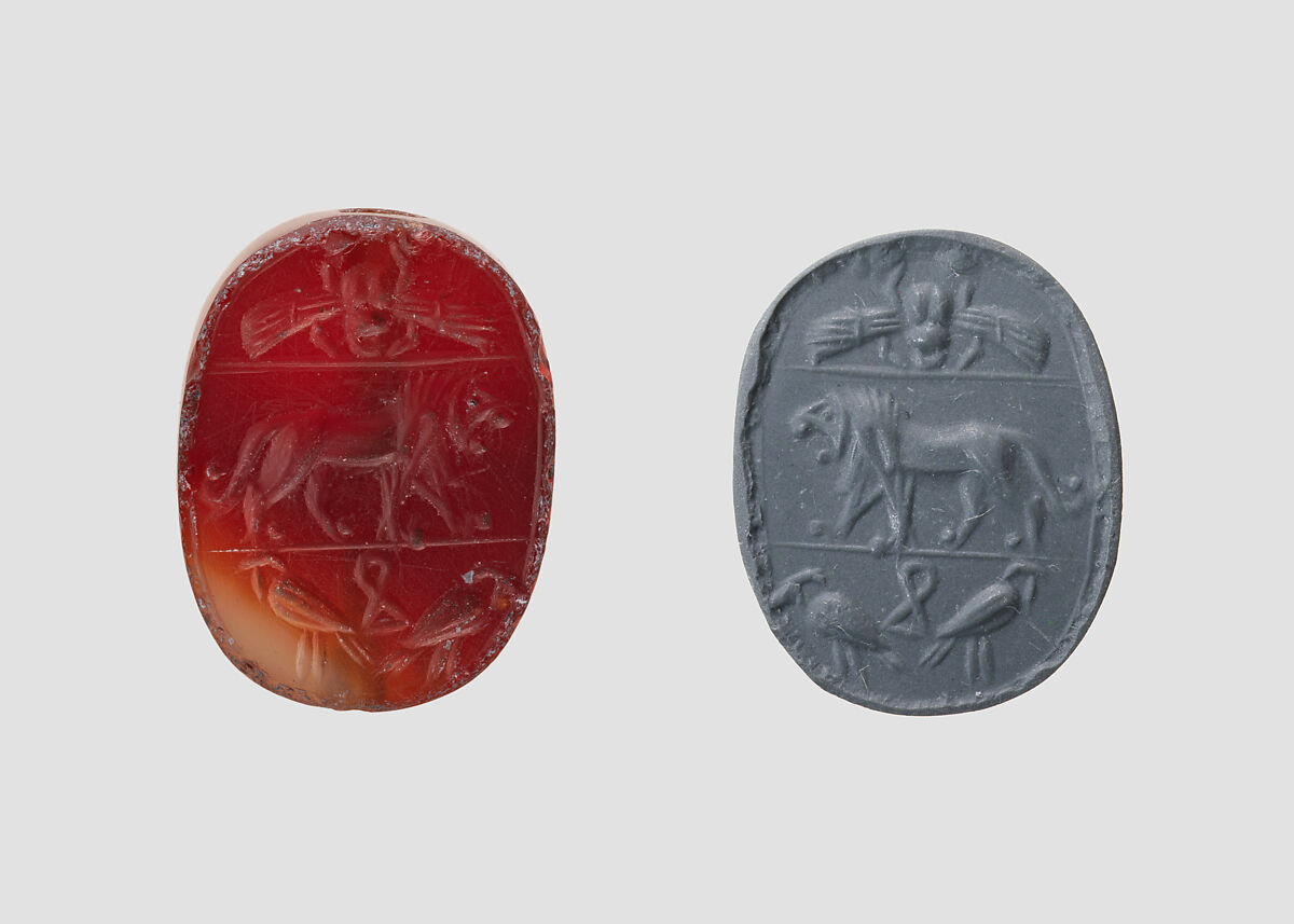 Stamp seal (scaraboid) with animals, Variegated red and neutral Carnelian (Quartz), Phoenician 
