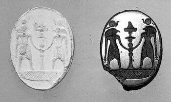 Stamp seal (oval bezel) with cultic scene, Carnelian (Quartz), Phoenician 