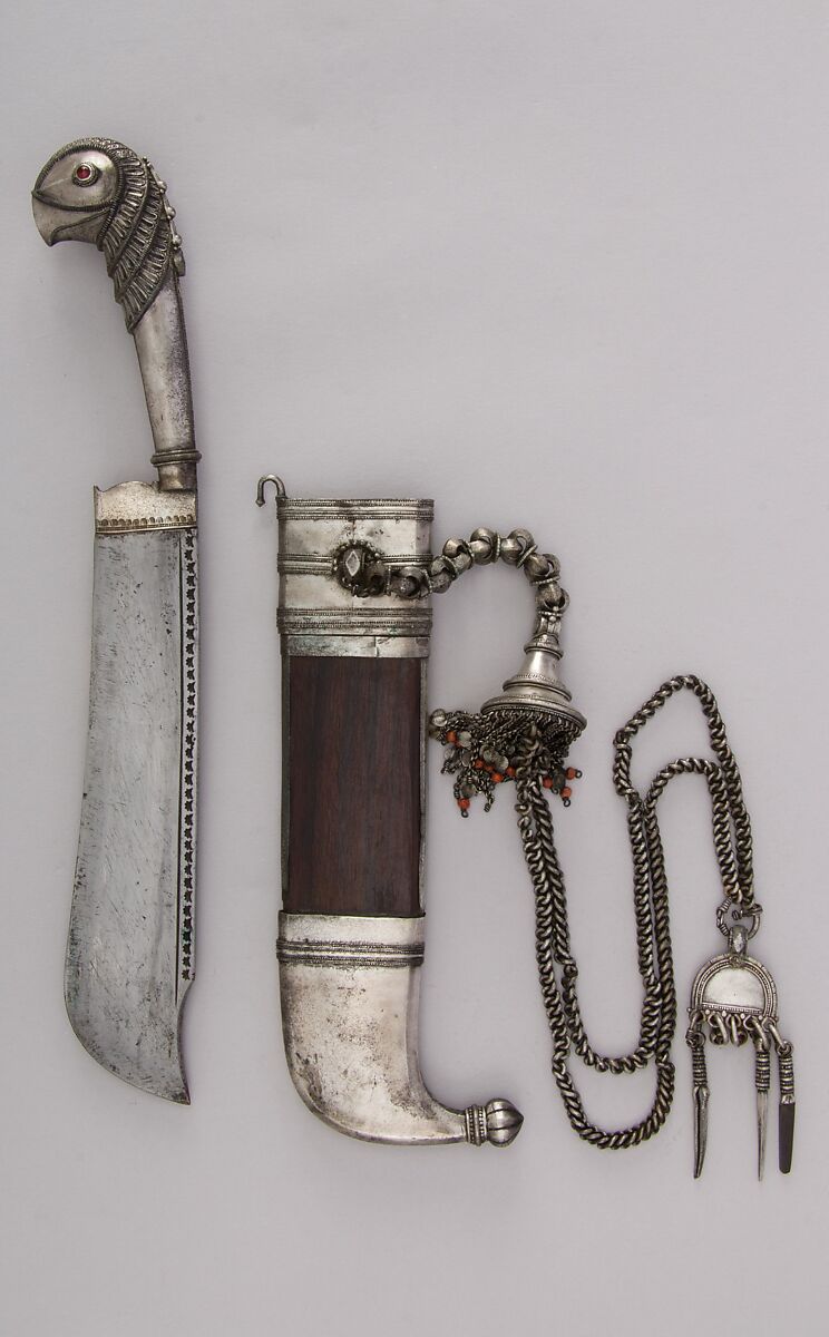 Dagger (Pichangatti) with Sheath, Steel, silver, wood, coral, ruby, Indian, Kodagu (Coorg) 