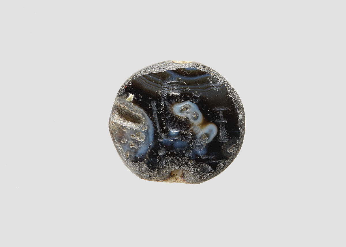 Stamp seal (scaraboid) with deity (?), Flawed brown and white eyestone Agate (Quartz), Achaemenid