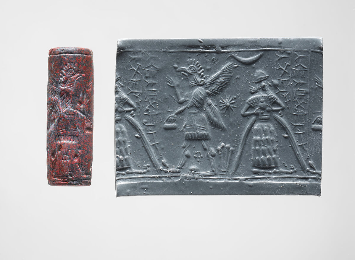Cylinder seal and modern impression: god with flowing vase; griffin demon, Jasper, marble, Assyrian 