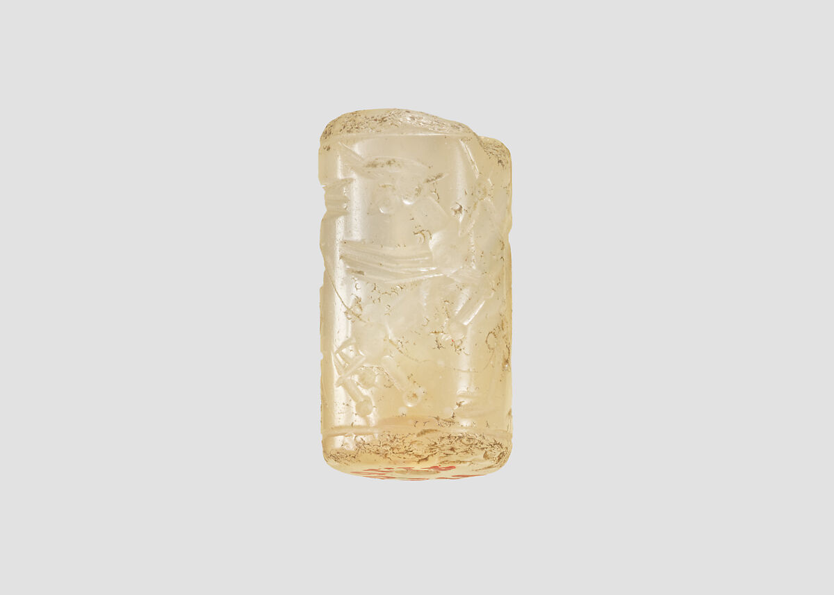Cylinder seal with three-figure contest scene, Flawed neutral Chalcedony (Quartz), Assyrian