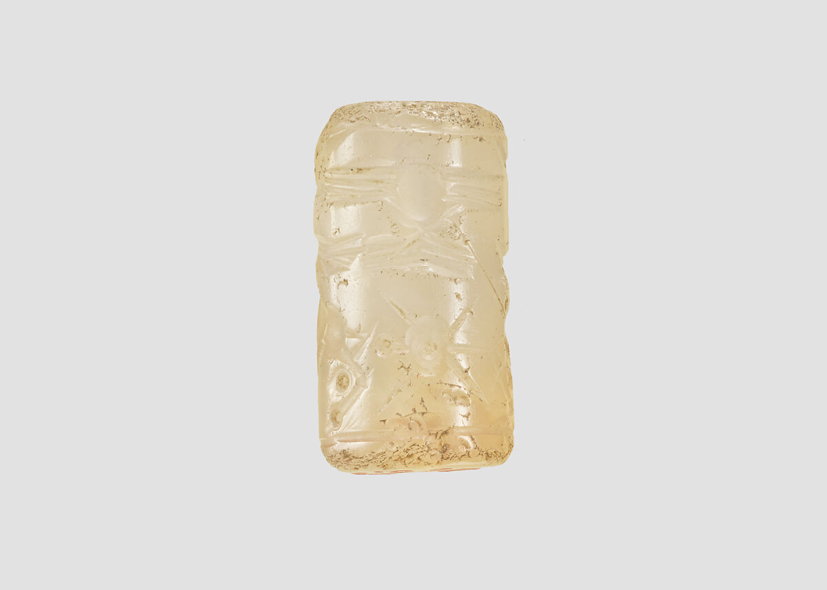 Cylinder seal with three-figure contest scene, Flawed neutral Chalcedony (Quartz), Assyrian