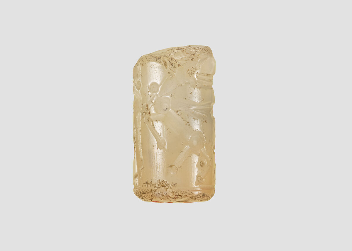 Cylinder seal with three-figure contest scene, Flawed neutral Chalcedony (Quartz), Assyrian