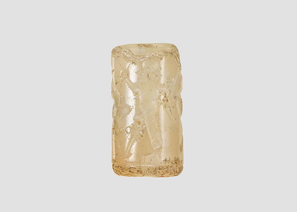 Cylinder seal with three-figure contest scene, Flawed neutral Chalcedony (Quartz), Assyrian