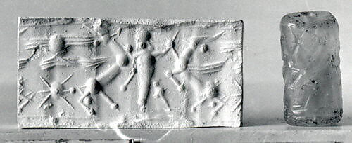 Cylinder seal with three-figure contest scene, Flawed neutral Chalcedony (Quartz), Assyrian 