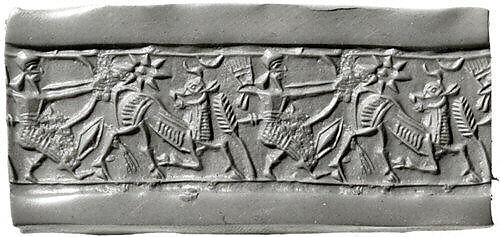 Cylinder seal with hunting scene, Mottled red Jasper (Quartz), Assyrian 