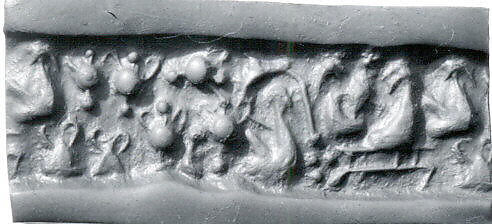 Cylinder seal and modern impression: female figure seated on a platform with "pigtailed ladies" and pots, Chlorite 