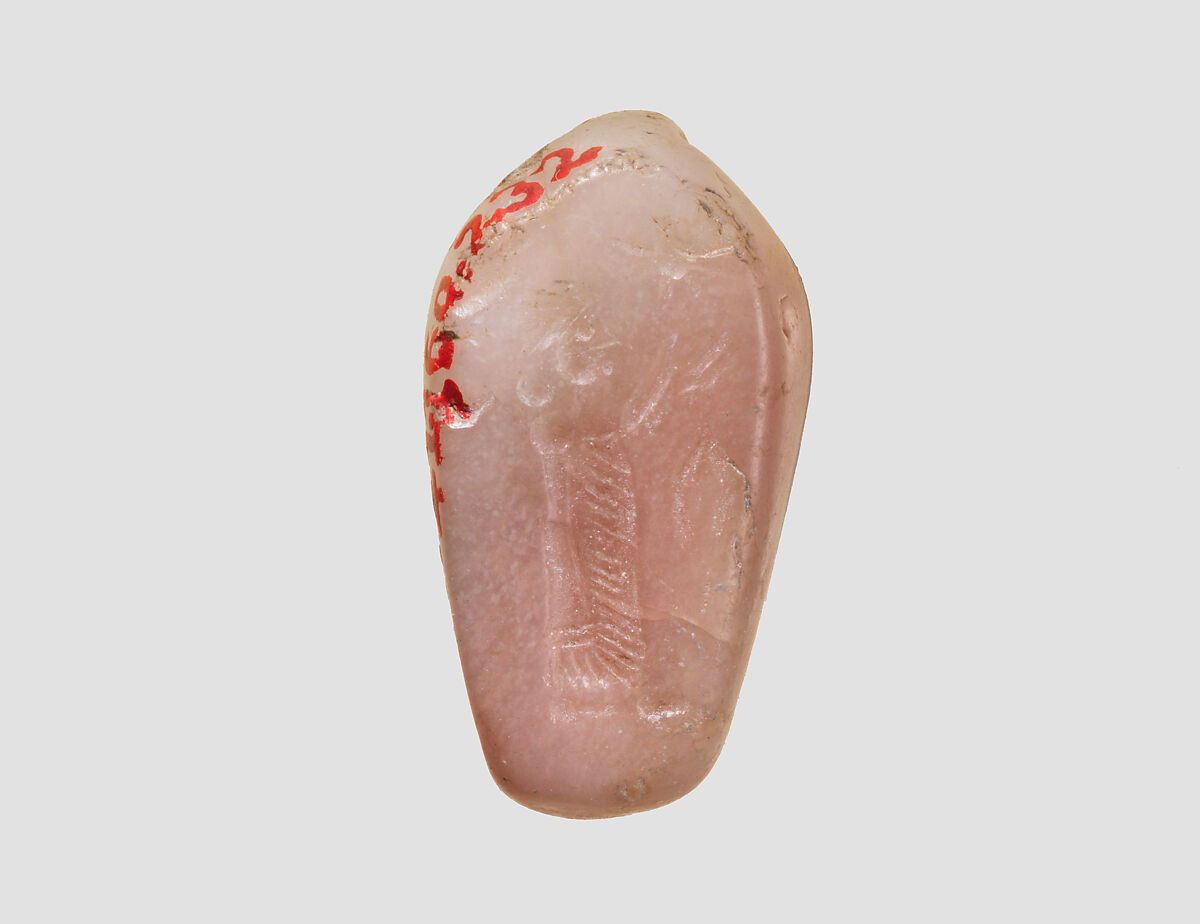 Stamp seal (duck-shaped) with cultic scene, Variegated pink and white Chalcedony (Quartz), Assyro-Babylonian