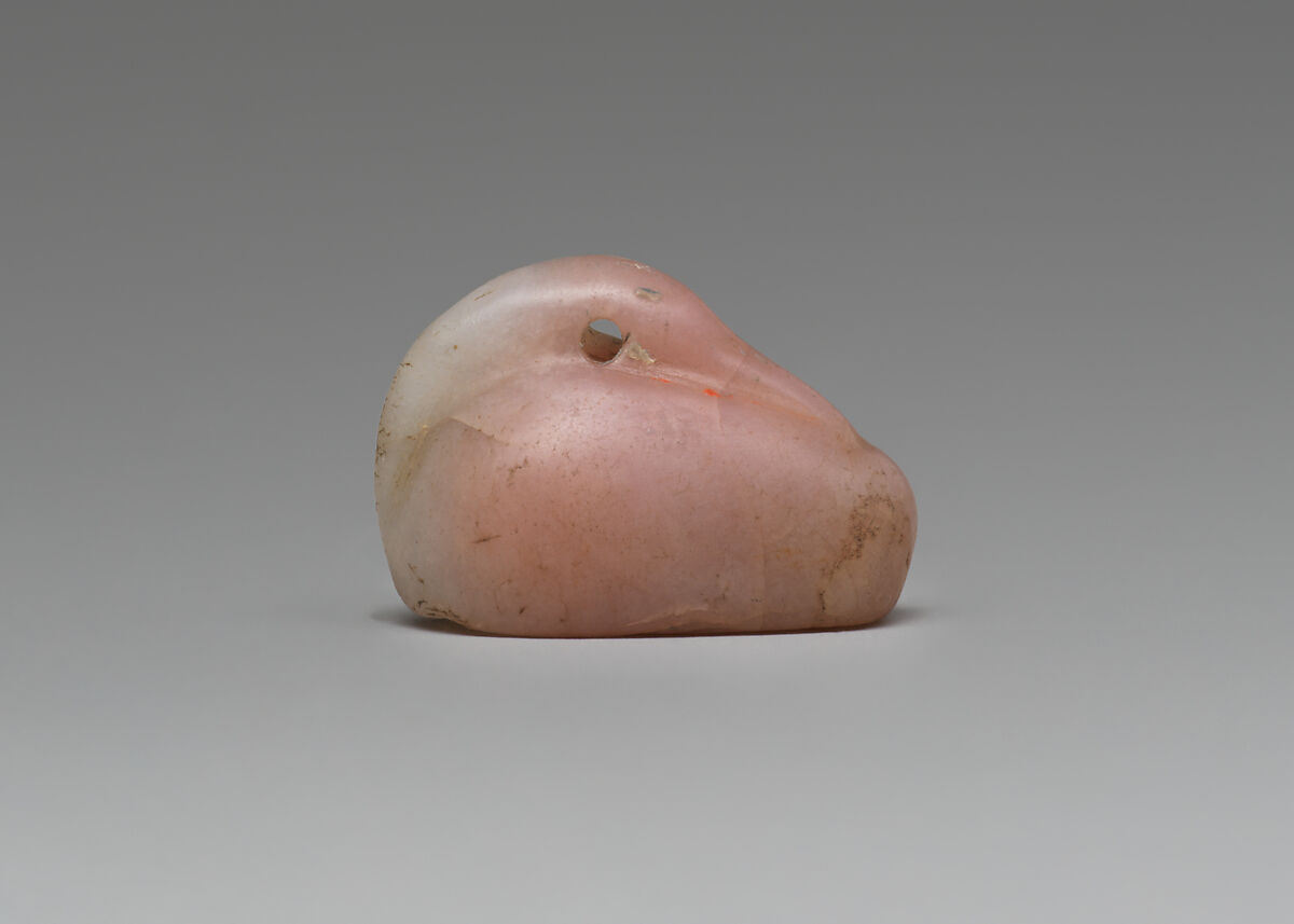 Stamp seal (duck-shaped) with cultic scene, Variegated pink and white Chalcedony (Quartz), Assyro-Babylonian
